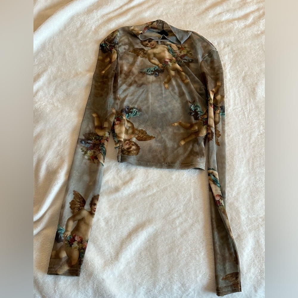 Renaissance painting printed sheer mesh crop top mock neck